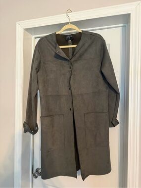 Tahari Gray Collarless Long Trench Coat